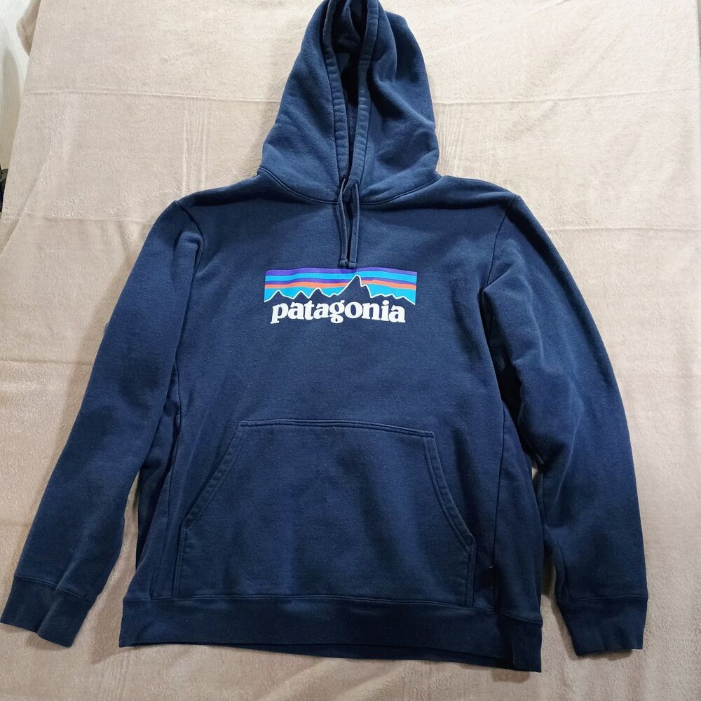 Patagonia Mens XL Uprisal P-6 Logo Hoodie Sweatshirt Blue Recycled Fleece pullov